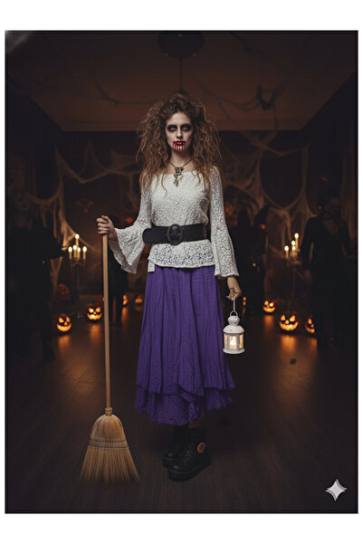 Namaste Vintage زي الهالوين، تنورة أرجوانية وبلوزة من الدانتيل الأبيض، الهالوين