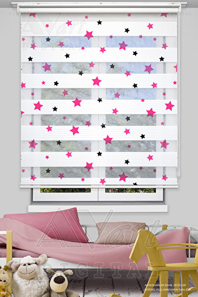 Avart Digital Pembe Siyah Yıldız Baskılı Çocuk Odası Perdesi - Dijital Baskıl...
