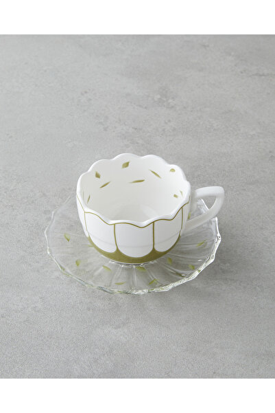 English Home Purepetal New Bone China 4 Piece Coffee Cup Set for 2 People with Glass Saucers 80 ml Green