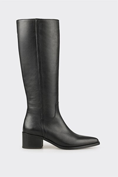 Elle Shoes Siyah Deri Kadın Topuklu Çizme