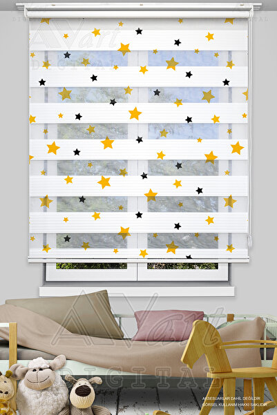 Avart Digital Sarı Siyah Yıldız Baskılı Çocuk Odası Perdesi - Dijital Baskılı...