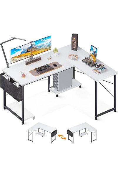 Chulovs مكتب على شكل حرف L مع حقيبة تخزين جانبية، مكتب زاوية قابل للعكس بطول 1.3 متر لغرفة النوم/الألعاب/الدراسة - -