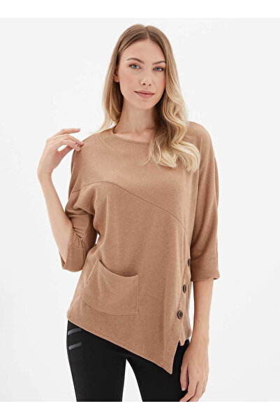 Selen Bisiklet Yaka Düz Bej Kadın Bluz 25KSL8217
