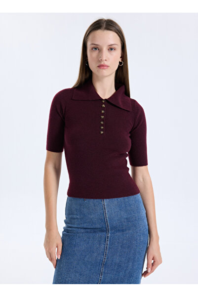 Vero Moda Polo Yaka Dar Bordo Kadın Kazak VMMARINA 2/4 POLONECK PULLOVER