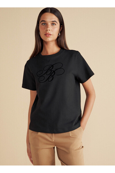 BROOKS BROTHERS Bisiklet Yaka Baskılı Siyah Kadın T-Shirt Bisiklet Yaka Flok ...