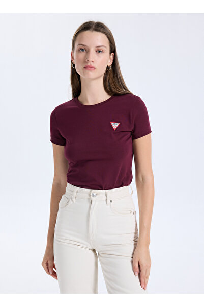 Guess Yuvarlak Yaka Baskılı Kırmızı Kadın T-Shirt Mini Triangle Kadın Slim Fi...