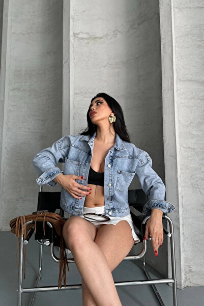 REXAY Double Pocket Sleeve Fold Snow Wash Crop Denim Jacket Blue D2000