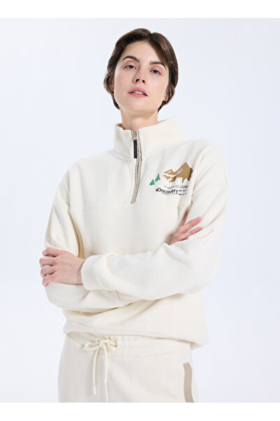 Discovery Expedition D5WL-SWT3595 Krem Dik Yaka Relaxed Baskılı Kadın Sweatshırt