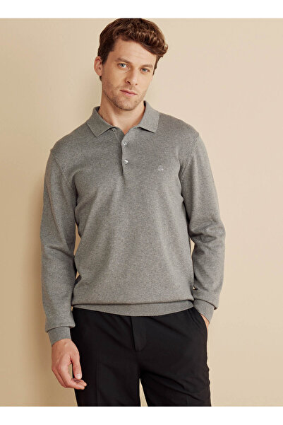 BROOKS BROTHERS Polo Yaka Standart Gri Melanj Erkek Kazak BBFW25MKL003