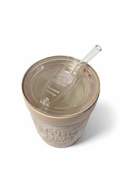 genric Ceramic Matcha and Coffee Mug - Pink Design with Velvet Leather Texture and Glass Straw - 400ml (13.5oz)