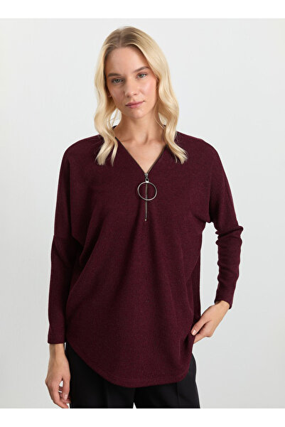 Selen V Yaka Düz Bordo Kadın Bluz 25KSL8219