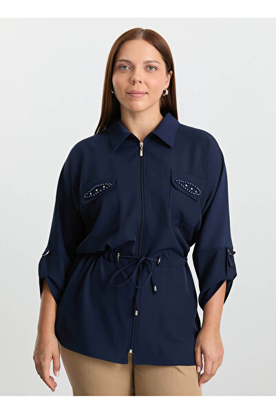 Selen Polo Yaka Taşlı Lacivert Kadın Bluz 25KSL8261