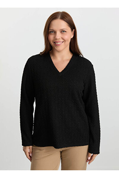 Selen V Yaka Armürlü Siyah Kadın Bluz 25KSL8306