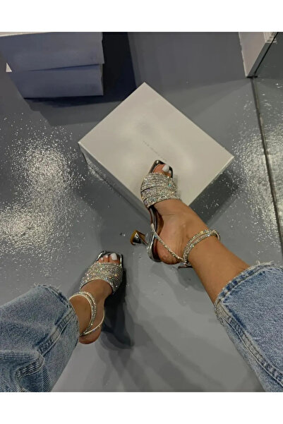 Aslının Butiği 9cm Heeled Sandals with Stone Thin Band Detail