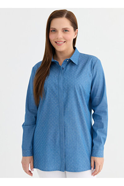 Selen Polo Yaka Taşlı İndigo Kadın Bluz 25YSL8157