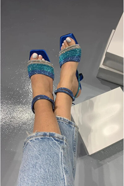 Aslının Butiği 9cm Heeled Sandals with Stone Thin Band Detail