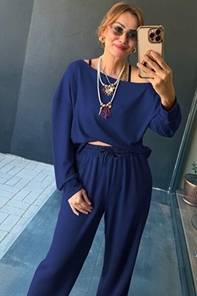 Mossta Відкрита віскозна блузка з двома нитками та штани, комплект з двох предметів - синій