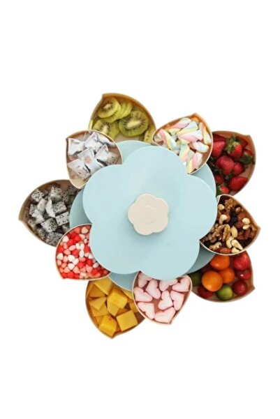 Flippy Serving Tray for Fruits/Vegetables/Snacks, 2-Tier Rotating Flower-Shaped, 26x26x11.5 cm Blue
