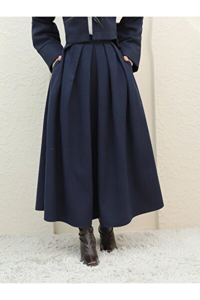 Moda Ebrar Pleated zippered checkered skirt - navy