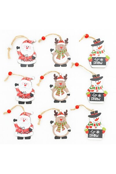 OEM Set de 9 decorațiuni de Crăciun din lemn – Moș Crăciun, Om de zăpadă, Ren...