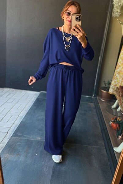 Mossta Відкрита віскозна блузка з двома нитками та штани, комплект з двох предметів - синій