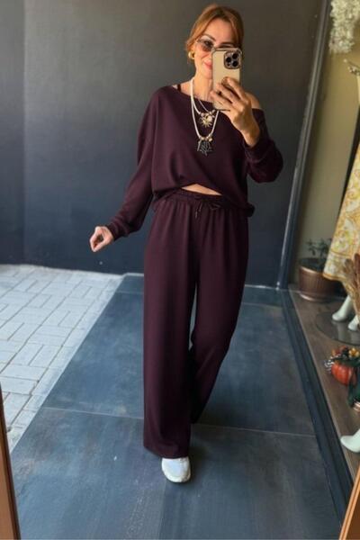 Mossta Omzu Open Viscose Two Thread Blouse Pants Two Piece Set - Burgundy