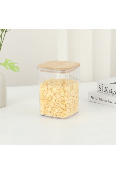 Flippy Food Storage Container, Plastic with Bamboo Lid, 10x10x14 cm, 0.8 L, Transparent