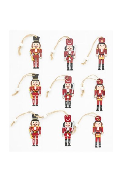 OEM Set de 9 ornamente de Crăciun din lemn cu soldățel de nuci, roșu, ~8 cm
