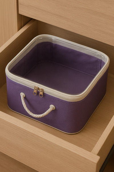 HİG HOME Mor Şeffaf Kapaklı Hurç – 28x32x15 cm Orta Boy Dolap İçi Kıyafet ve Havlu Düzenleyici