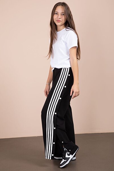 Cansın Mini Black Striped Snap Closure Wide Leg Girls' Elastic Waist Sweatpants 23281