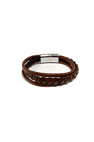 Herşey Nota Knitted and Rope Detailed Brown Leather Unisex Bracelet – Natural...