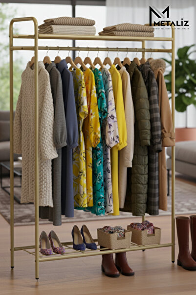 METALİZ YENİLİKÇİ TASARIMLAR Metal Elbise Askılığı & Ayakkabılık – Taşınabilir Giyim Organizeri-Raflı-Gold