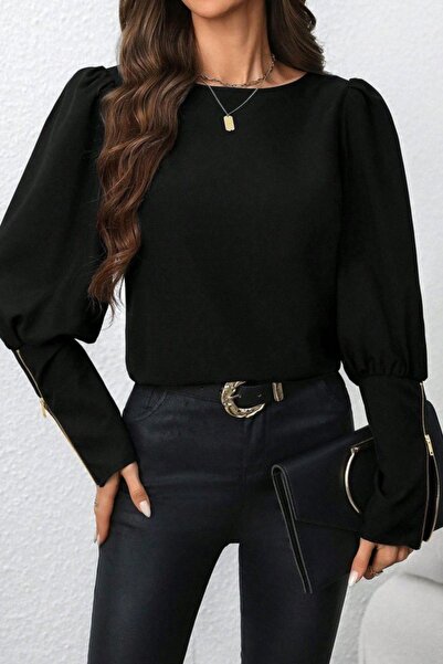Mossta Crew Neck Zipper Detailed Imported Crepe Blouse - Black