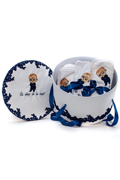 OEMN Set botez premium cu cutie, 7 piese, brodat „Cu dragoste de la nași”, Be...