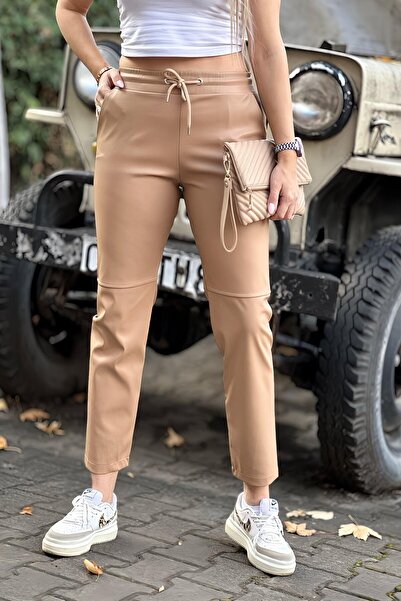 Suziş Camel 1 Leather Trousers with String Stitch Detail 50715