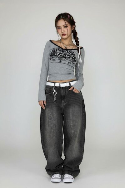 Karakedi Gray Melange Aomr Black Wide Neck Y2K Long Sleeve Crop