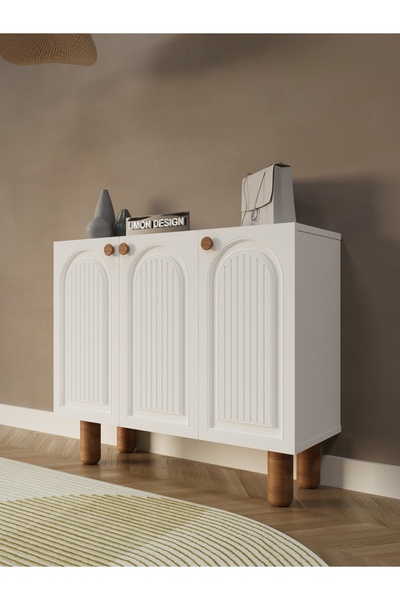 umondesign Bohem 4 Raflı 3 Kapaklı Ayakkabılık Çok Amaçlı Dolap Ayaklı Dekoratif Kapak Beyaz