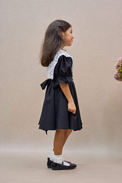 KÜÇÜĞÜM BUTİK Vintage Collared Black Girls' Poplin Dress