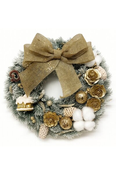 OEM Christmas Wreath, 35 cm, Realistic Snowy Artificial Fir, Handcrafted, with Cones and Baubles, Gold