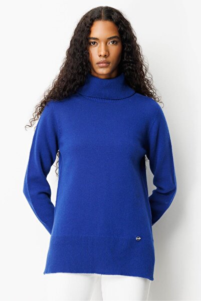 Desen Triko Pulover de lână cu fantă pentru femei, cu gât complet, K. albastru cobalt Albastru