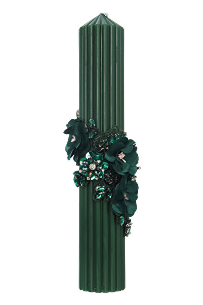 Recostore Lumanare canelata pentru botez, verde cu detalii florale, 35x6 cm, ...