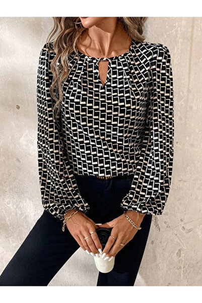 ARONA Women's Long Sleeve Drop Detail Collar Patterned Single Jersey Blouse