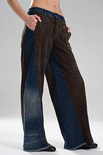 tw3 Women's Suede Fabric Paneled Chain Detailed Design Trousers