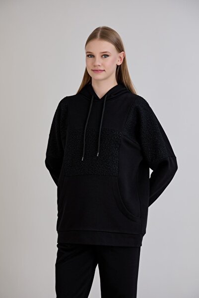 Sortie Women's Knitwear Buklet Paneled Regular Fit Black Tracksuit Bottom Top Set