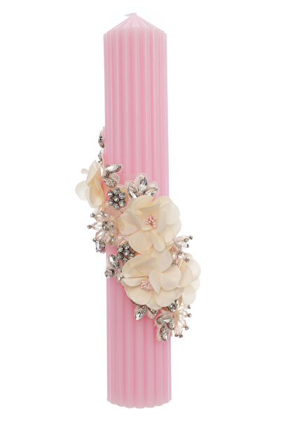 Recostore Lumanare canelata pentru botez, roz cu detalii florale ivoire, 35x6...