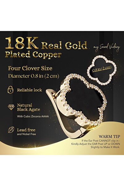 my Secret Victory Four Clover Earrings for Women — 18K Gold Plated, Mother of Pearl or Black Agate with Cubic Zircon
