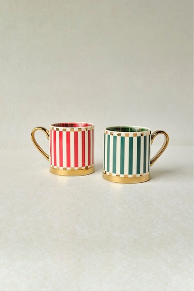 Karaca New Year Red and Green Striped 2-Piece Mug Set 330 ml