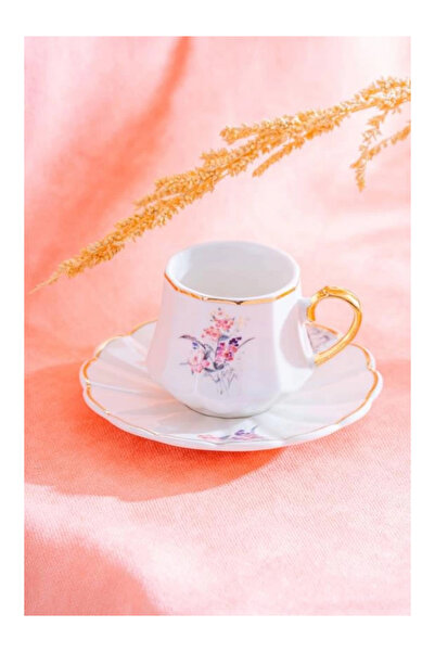 ACAR YKG5988 Çiçek Desenli Gold Detaylı Beyaz Porselen Kahve Seti 6'lı