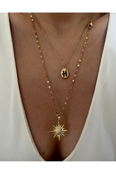 Hoop jewelery çelik zincir taşlı güneş kolye ucu 53-cm