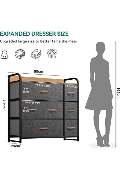 Gogoya fabric dress with 7 drawers -sturdy steel frame, wooden top, and easy to pull fabric box gray